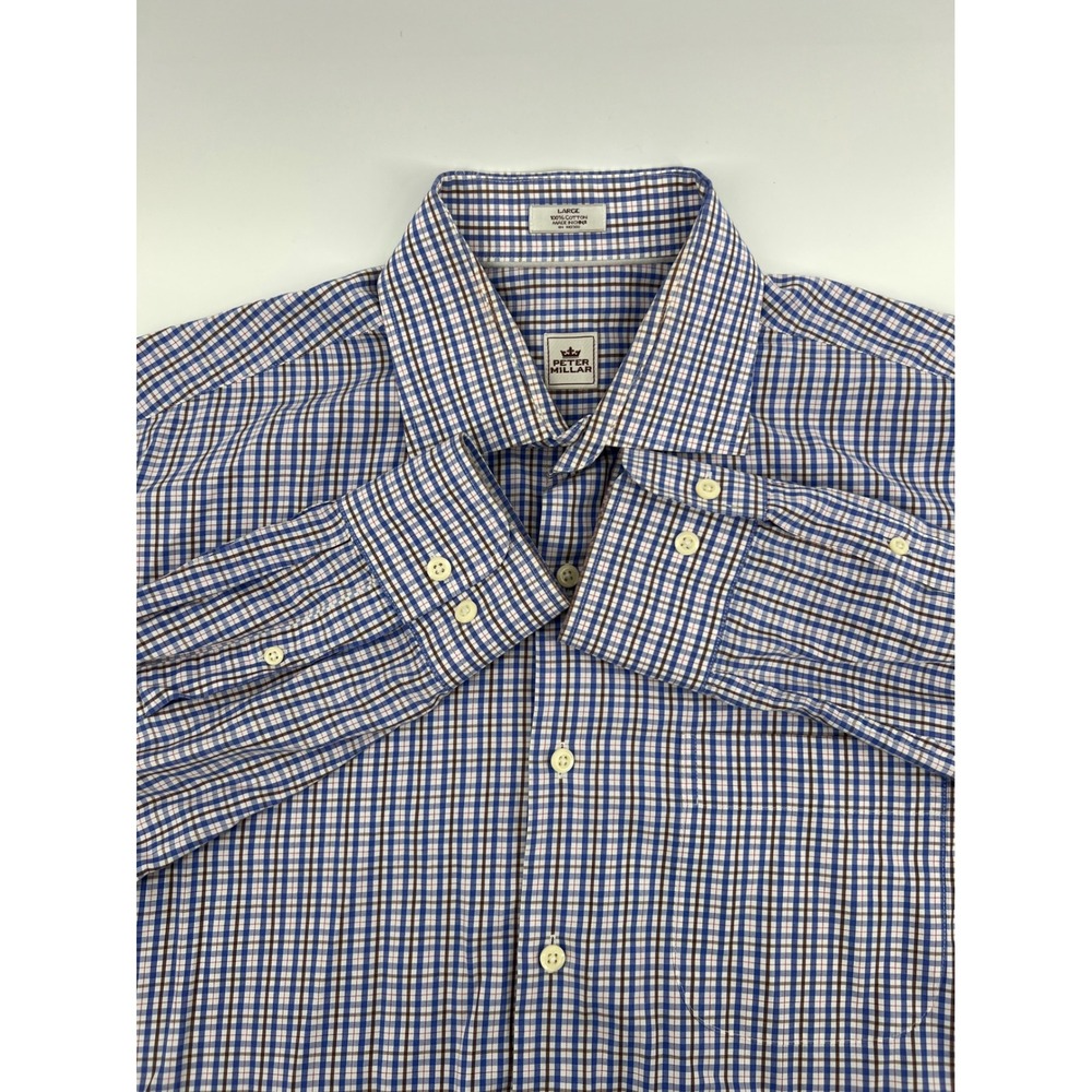 Peter Millar Titleist Golf Mens Blue Plaid Cotton Button Down Shirt Long Sleeve
